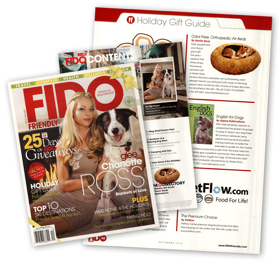 FIDO Friendly magazine cover and gift guide page with Gertie