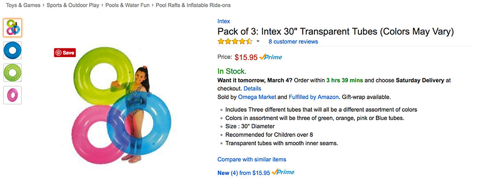 Screen capture of sample 30 inch tube sold on Amazon
